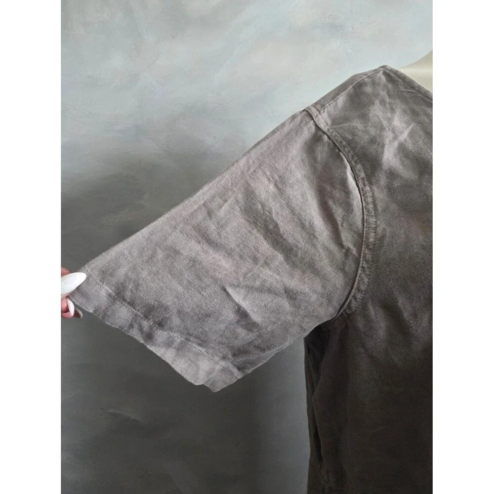 Pure Jill Garment Dyed Linen Utility Dress Taupe Lagenlook Army Shift Sz L